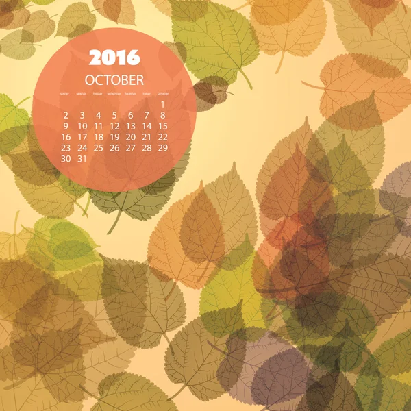 Calendario mensual 2016, octubre - Diseño de ilustración vectorial - Hojas caídas — Vector de stock