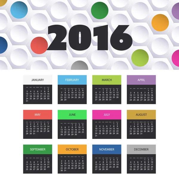 Calendar 2016 Template with Colorful Banner and Header Design — Stok Vektör