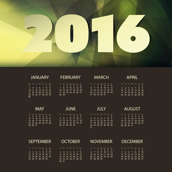 Calendrier 2016 Modèle avec fond géométrique triangulaire vert et jaune Illustration vectorielle — Image vectorielle