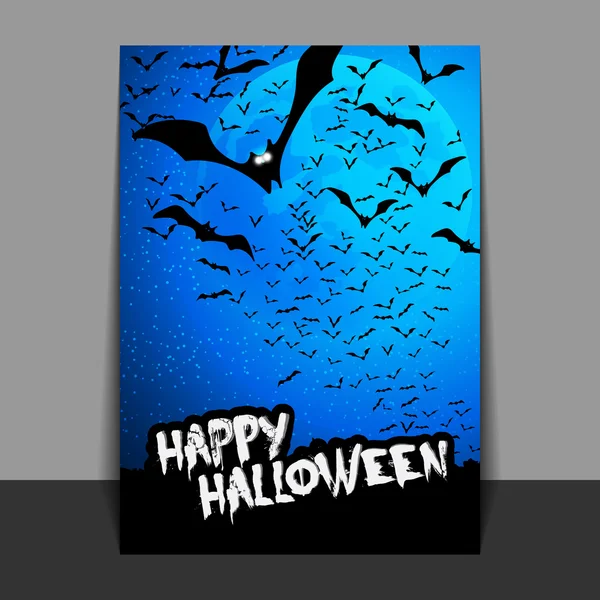 Volante de Halloween o diseño de portada con un montón de murciélagos voladores sobre el campo nocturno en la oscuridad bajo el cielo estrellado y la luna azul - Ilustración vectorial — Vector de stock