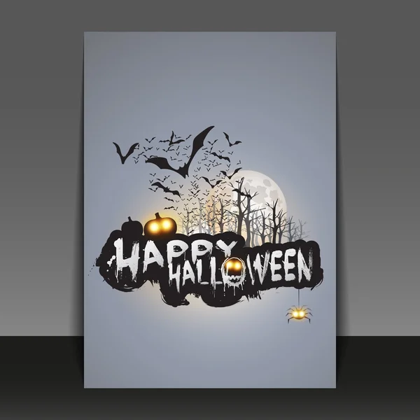 Happy Halloween Card, Flyer or Cover Template - Flying Bats Over the Autumn Woods and Various Spooky Creatures with Glowing Eyes - Vector Illustration — Wektor stockowy