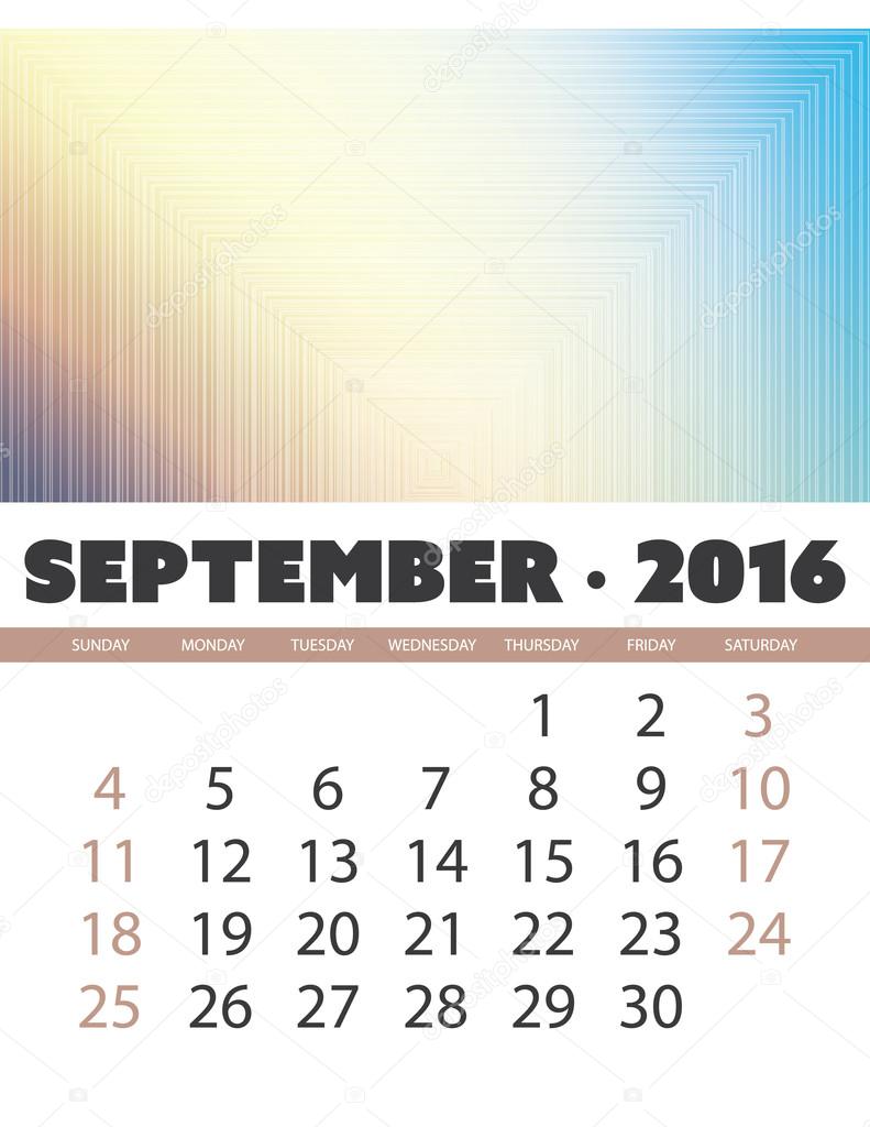 Monthly Calendar: September 2016 Template with Colorful Abstract Background - Vector Illustration