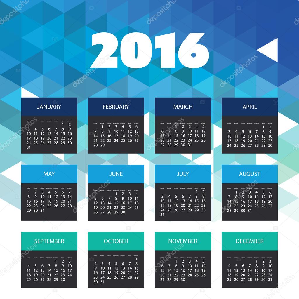 Calendar 2016 with Blue Triangle Geometric Background Template Design - Vector Illustration
