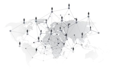 Siyah ve Beyaz Ağ, İş Bağlantıları, Bağlı İnsanlar, Çok Yönlü Ağ Örgütleri - Gri Kablo Ağı, Sosyal Medya Konsepti Tasarımı - Beyaz Arkaplanda İzole Edilmiş Dünya Haritası
