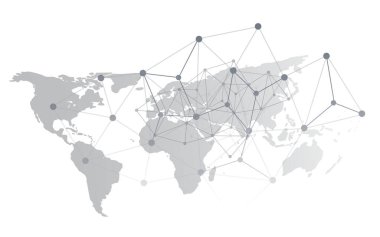 Birbirine bağlı düğümler ve geometrik tel çerçeveli soyut dünya haritası çizimleri, küresel telekomünikasyon, dijital ağlar ve uluslararası iş bağlantılarını temsil eden çizgiler. Vektör tasarımı