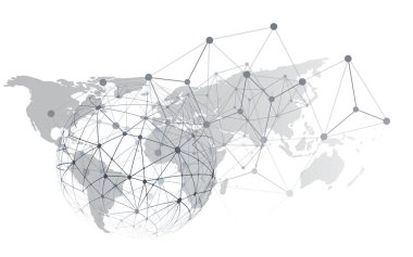 Birbirine bağlı çokgen düğümler ve ağ çizgileri ile geometrik bir kablo küresi ve dünya haritası içeren soyut dijital illüstrasyon. Modern minimal izole edilmiş siyah-beyaz vektör tasarım şablonu