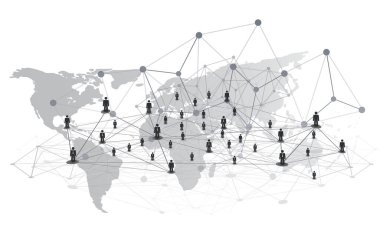 Saydam bir geometrik tel çerçeve ve dünya haritasına bağlı düğümler olarak insan figürlerini tasvir eden dijital illüstrasyon. Küresel telekomünikasyonu temsil eden siyah beyaz minimalist tasarım.