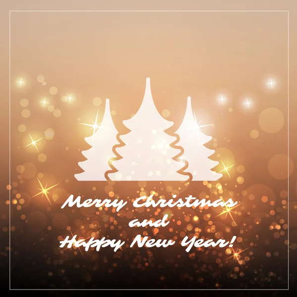 节日快乐，新的一年，与上一个闪闪发光的模糊背景圣诞树圣诞贺卡 — 图库矢量图片