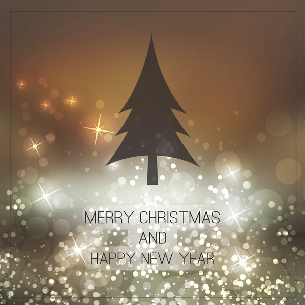 God jul, nyår och julkort med granen på en gnistrande suddig bakgrund — Stock vektor
