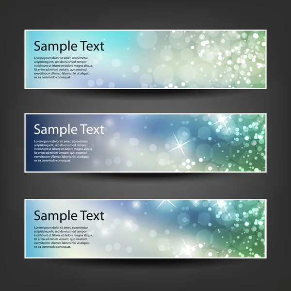 Reihe von horizontalen Banner- oder Header-Designs für Weihnachten, Neujahr oder andere Feiertage mit bunt glitzerndem Hintergrund - Farben: blau, grün — Stockvektor