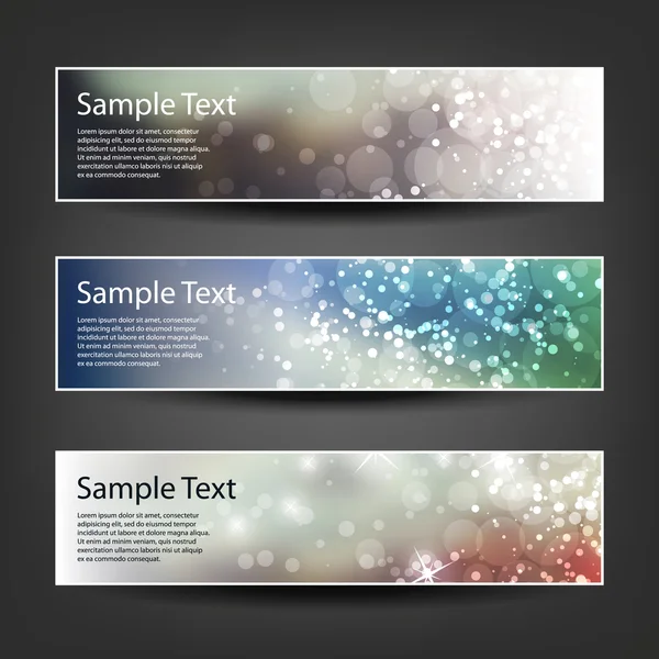 Reihe von horizontalen Banner- oder Header-Designs für Weihnachten, Neujahr oder andere Feiertage mit bunt glitzerndem Hintergrund - Farben: blau, grün, braun — Stockvektor