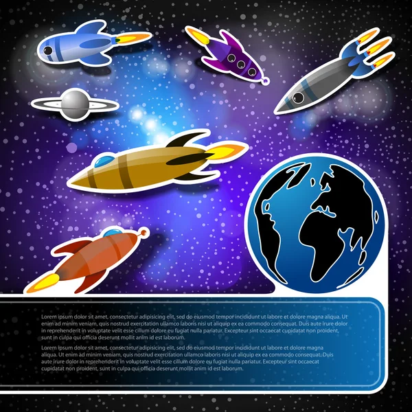 Space Concept with Starry Sky, Rockets, Earth Globe with Label, Place for Your Text — Διανυσματικό Αρχείο