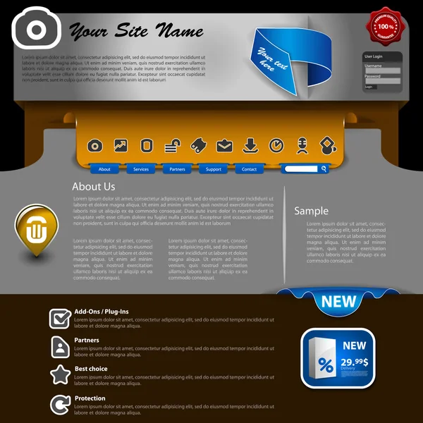 Website-Template-Design mit silbernen, grauen, metallischen Kopf- und Webdesign-Elementen — Stockvektor
