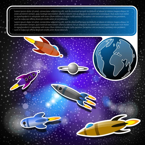 Concept spatial avec ciel étoilé, fusées, globe terrestre avec étiquette, place pour votre texte — Image vectorielle