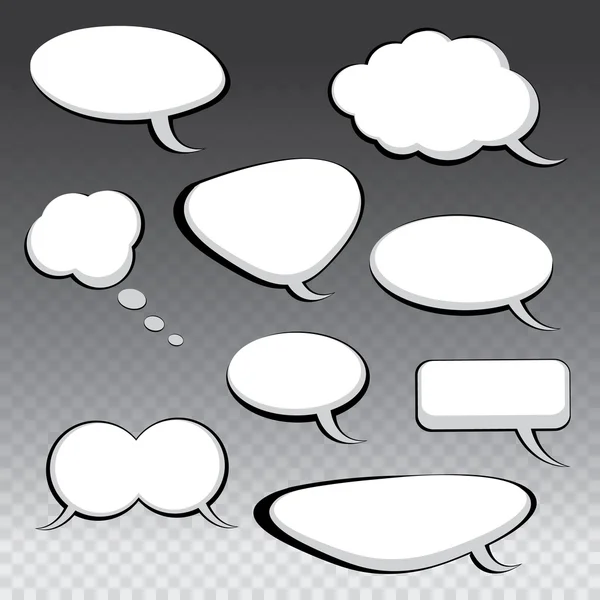 Nove diferentes discursos em quadrinhos em preto e branco e bolhas de pensamento — Vetor de Stock