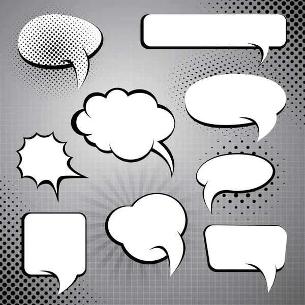 Set of Nine Different Shaped Black and White Comic Style Speech And Thought Bubbles — Stockvector