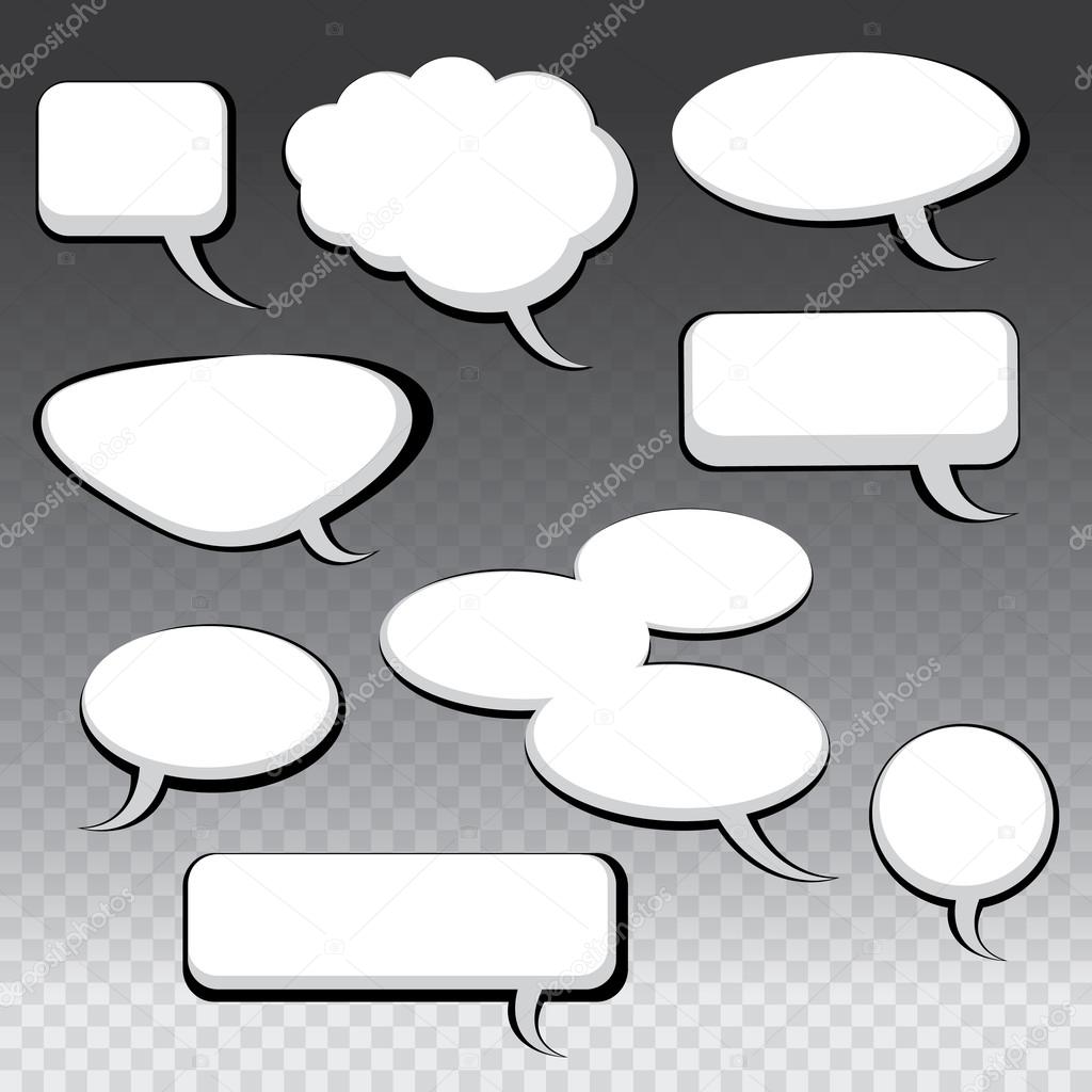 Set of Nine Different Black and White Comic Style Speech And Thought Bubbles