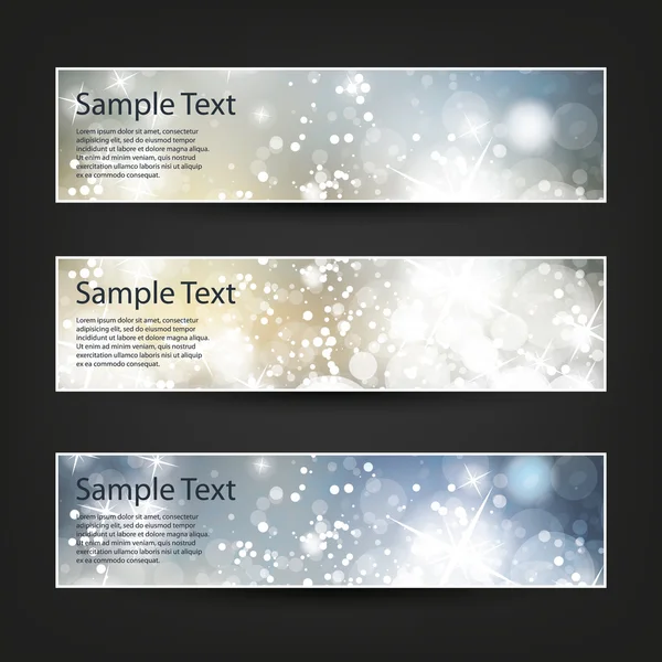 Reihe von horizontalen Banner- oder Header-Designs für Weihnachten, Neujahr oder andere Feiertage mit bunt glitzerndem Hintergrund - Farben: blau, gold, weiß — Stockvektor