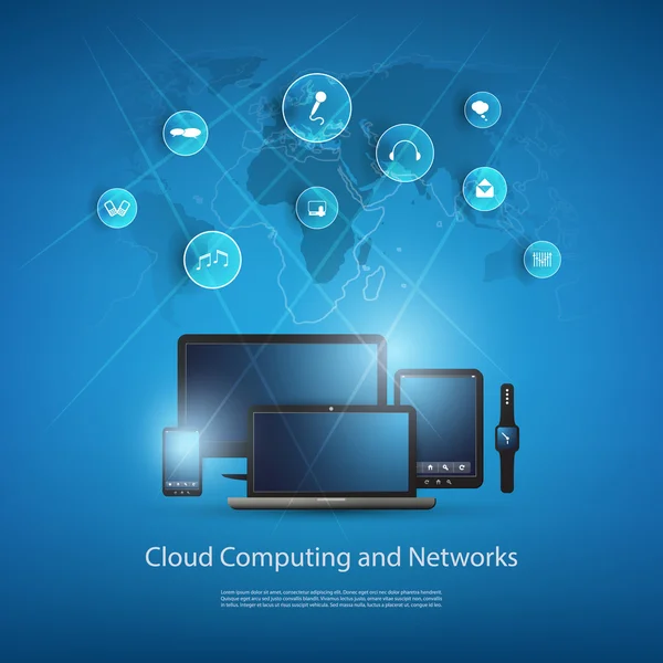 Concept de conception de Cloud Computing et réseaux mondiaux avec carte du monde — Image vectorielle