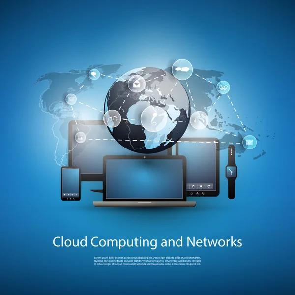 Computación en la nube y redes sociales, concepto de diseño de redes con mapa del mundo — Vector de stock