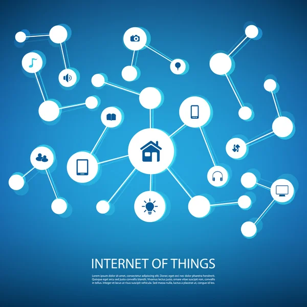Concetto di progettazione della rete bianca e blu con icone di dispositivi digitali - Internet delle cose — Vettoriale Stock