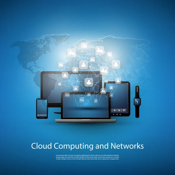Concept de Cloud Computing avec divers appareils mobiles — Image vectorielle
