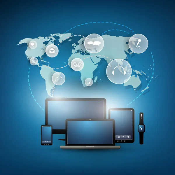 Conceito de computação em nuvem com vários dispositivos móveis e mapa do mundo — Vetor de Stock