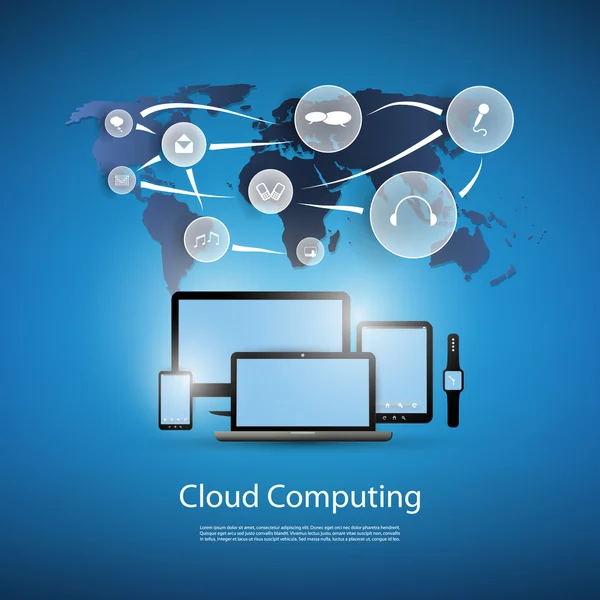 Cloud Computing, concept de réseaux mondiaux avec divers appareils mobiles connectés — Image vectorielle