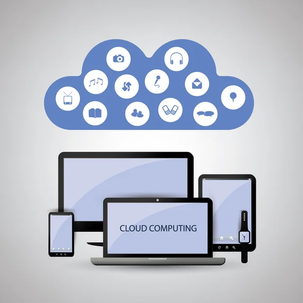 Diseño de conceptos de computación en nube con iconos en la nube que representan varios tipos de medios digitales y servicios de almacenamiento — Vector de stock