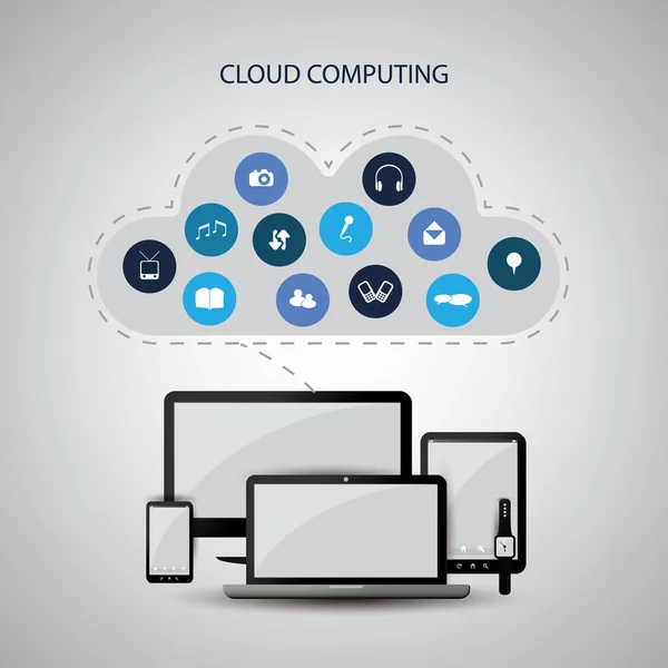 Cloud Computing Concept Design com ícones na nuvem representando vários tipos de mídia digital e serviços de armazenamento — Vetor de Stock
