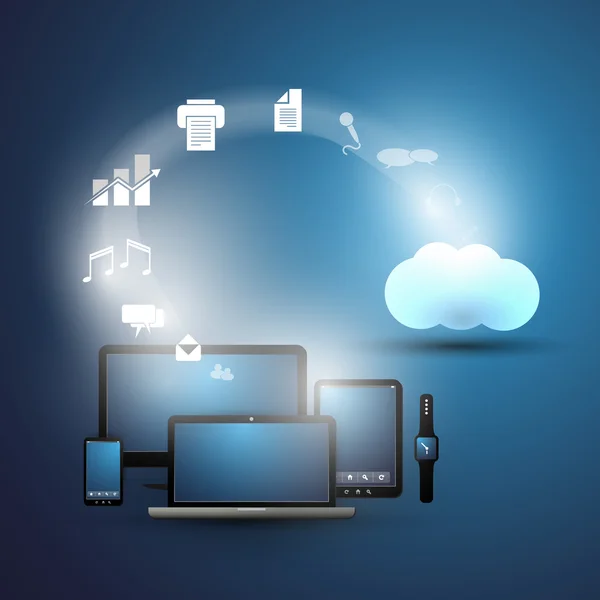 Cloud Computing Design, Modello creativo con vari dispositivi di comunicazione — Vettoriale Stock