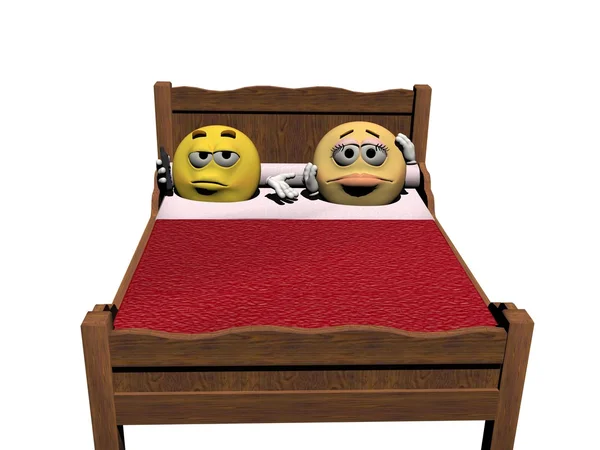 Dua emoticon di tempat tidur-3d render — Stok Foto
