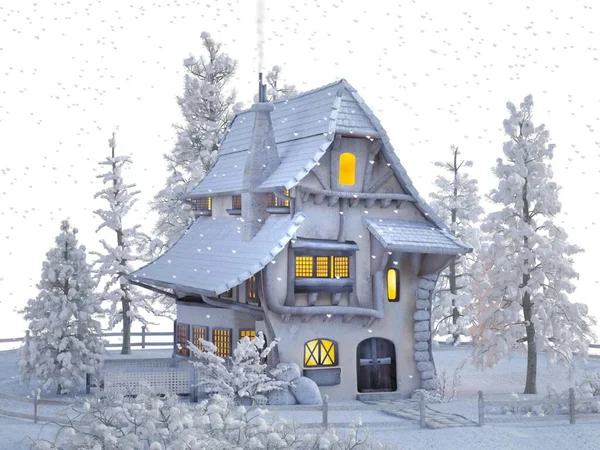 Bela casa coberta de neve no fundo branco - 3d renderização — Fotografia de Stock