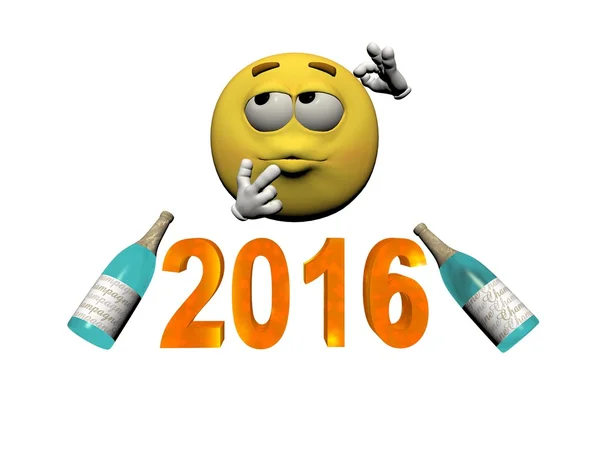 Emoticon e champagne 2016 - rendering 3d — Foto Stock