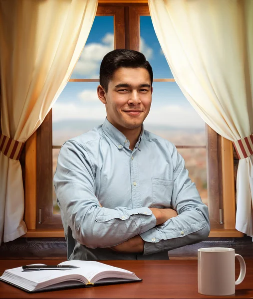 Happy businessman  over the window — Stock Photo, Image