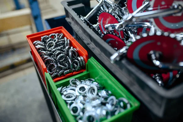Bicycle Factory Boxes Bike Parts Closeup View Nobody Baskets Cycle — Stock Photo, Image