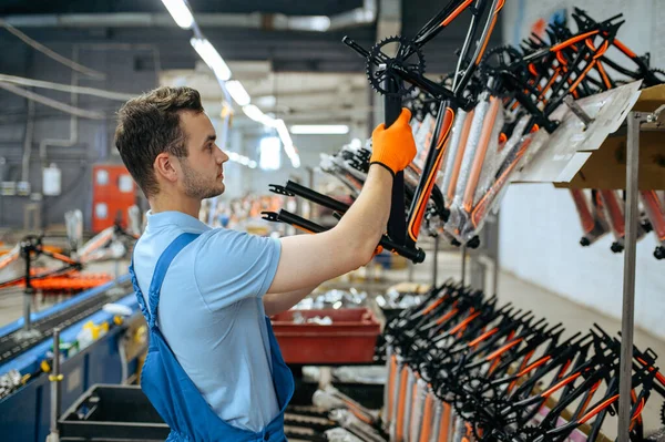 Bicycle Factory Worker Bike Assembly Line Male Mechanic Uniform Installs — Stock Photo, Image