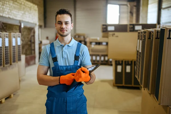 Fahrradfabrik Arbeiter Checken Boxen Mit Fahrrädern Lager Mechaniker Uniform Den — Stockfoto