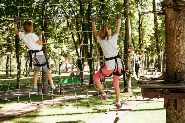 Kleine Geschwister Klettern Seilpark Kinder Klettern Auf Hängebrücke Extremsportabenteuer Urlaub — Stockfoto