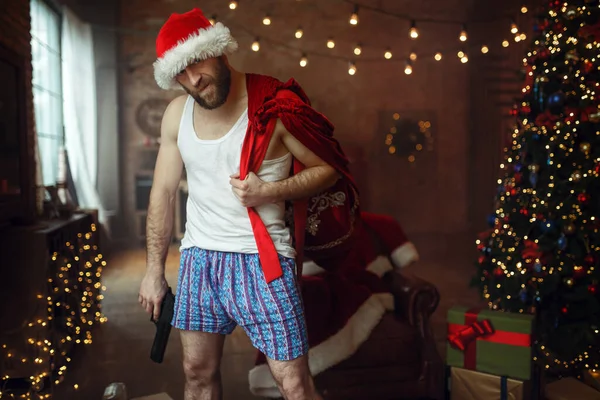 Böser Weihnachtsmann Gangster Mit Geschenktüte Und Pistole Fiese Party Humor — Stockfoto