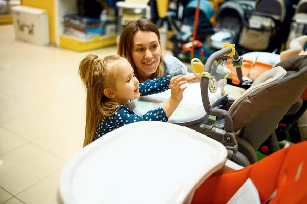 Mother Little Daughter Buying Baby Stroller Store Mom Adorable Girl — Stock Photo, Image