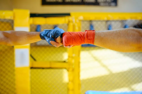 Αρσενικό Mma Μαχητές Χέρια Κόκκινο Και Μπλε Επιδέσμους Κλουβί Και — Φωτογραφία Αρχείου