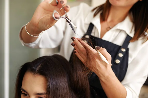 Fryzjer Nożyczkami Strzyże Kobiety Salon Fryzjerski Stylista Klient Salonie Fryzjerskim — Zdjęcie stockowe