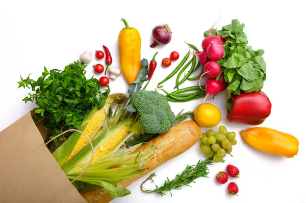 Fresh Vegetables Fruits Paper Bag Top View Isolated White Background — Stock Photo, Image