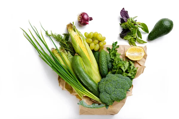 Grönsaker Och Frukter Papperspåse Isolerade Vit Bakgrund Ekologisk Vegetarisk Mat — Stockfoto