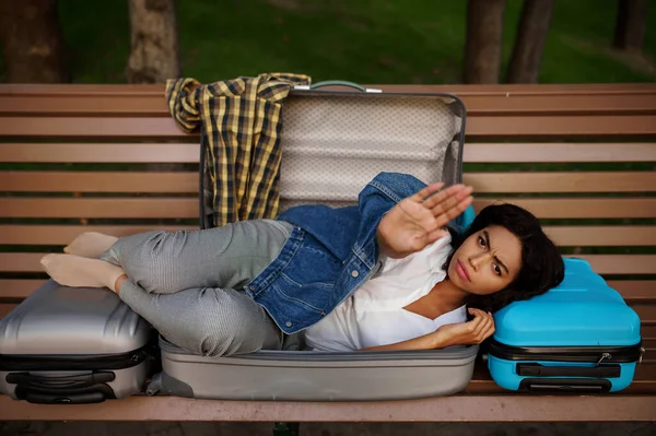 Tired Woman Sleeping Opened Suitcase Bench Park Female Traveler Luggage — Stock Photo, Image