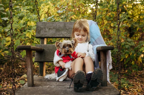 Niño Con Perro Divertido Están Sentados Una Gran Silla Madera — Foto de Stock