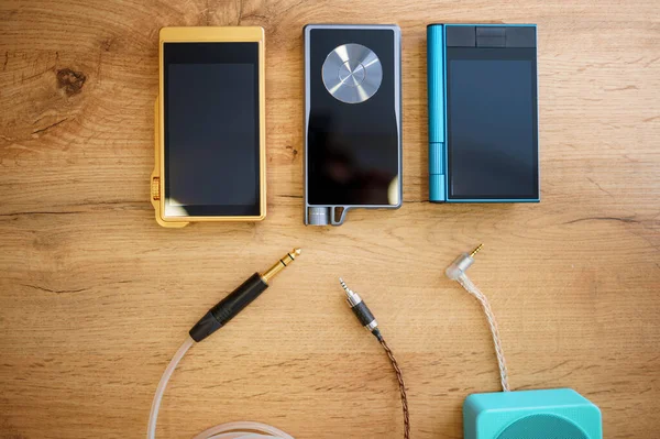 Telefones Conectores Tomada Balcão Loja Áudio Ninguém Escolha Sistema Alto — Fotografia de Stock