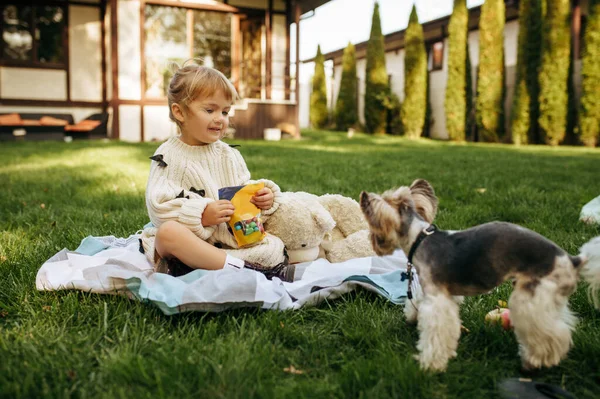 아이는 정원에서 베어랑 마당에 잔디에 부드러운 장난감이 있는아이 소녀는 야외에서 — 스톡 사진
