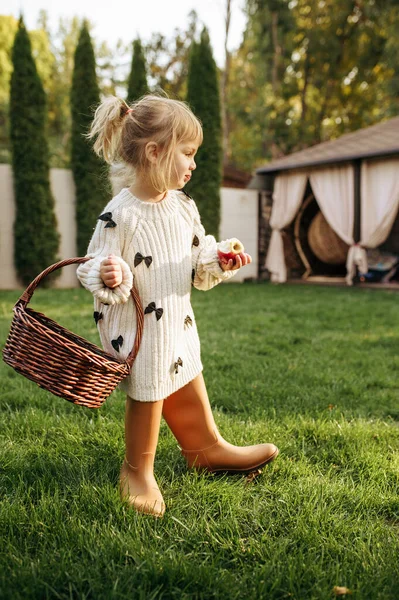 Ragazzina Con Cesto Mangia Una Mela Giardino Femmina Bambino Posa — Foto Stock